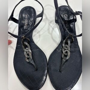 Chanel Navy/Black Ankle Strap Sandals Interlocking Brushed Metallic Hardware